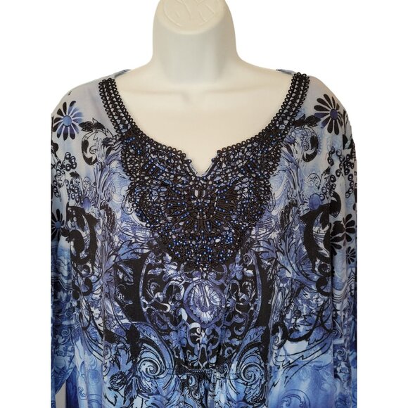 Simply Emma Tunic Top 2X Blue Black Beaded Crochet Neckline Empire Waist 3/4 Sle - Picture 2 of 6
